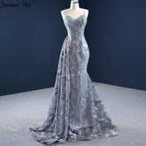 Vestido de noche sexy de sirena gris 2025, hecho a mano, con flores y cuentas, sin mangas, vestido formal HM67181