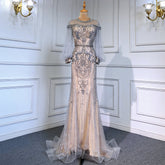 Vestidos de noche de lujo color nude gris, elegantes, con cuentas, mangas farol, corte sirena, para mujer, fiesta, LA71603