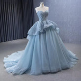 High End Custom Made Gray Blue Strapless Lace Up Beaded Luxury Ball Gown Bride Gowns Wedding Dress HM231064
