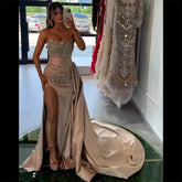 High Split With Skirt Mermaid Nude Sexy Strapless CRYSTAL Beaded Evening Dresses Gowns For Women Party 2025 LA72135
