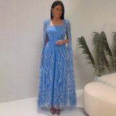 Ivory Mermaid Elegant Feathers Cape Sleeves Square Beaded Luxury Evening Dresses Gowns Caftan Marocain 2025 LA71748