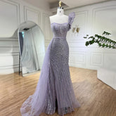 Lilac One Shoulder High Split Beaded Mermaid Evening Dress Gown LA72277