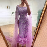 Lilac Mermaid Ankle Length Feather Beaded Luxury Evening Dress Gown with Cape LA71841
