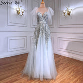 Luxury A-Line Grey Evening Dresses Gowns 2025 Beaded Detachable Sleeves For Women Party LA71354