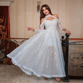 Luxury Dubai Light Blue Evening Dress for Women Wedding Elegant Off Shoulder Beaded Formal Party Gowns LA72003