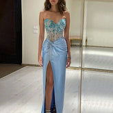 Vestido de noche árabe de lujo de Dubái, color lila, con abertura, sin tirantes, corte sirena y cuentas, para mujer, para boda, fiesta, 2025, LA72329