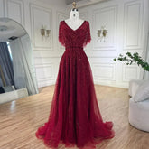 Elegante vestido de noche de lujo en rojo Dubái, corte A, con media manga y cuentas, para mujer, ideal para bodas, 2025, LA70458