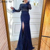 Robe de soirée de luxe bleu marine musulmane, élégante sirène, perles et plumes, pour femmes, LA70978, 2025