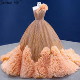 Robe de mariée de luxe orange à une épaule, robe de mariée froncée perlée haut de gamme HM67358, sur mesure, 2025