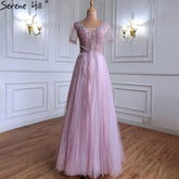 Robe de soirée trapèze rose de luxe, manches courtes, perles et lacets, pour femme, LA70840
