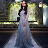 Robe de soirée trapèze turquoise nude luxueuse, manches longues, perles, élégante, pour femmes, LA71659