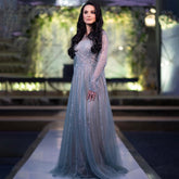 Robe de soirée trapèze turquoise nude luxueuse, manches longues, perles, élégante, pour femmes, LA71659