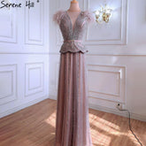 Robe de soirée de luxe rose chair, robe trapèze à perles et plumes, pour femme, LA70929, 2025