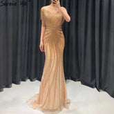 Vestidos de noche dorados de lujo con sirena, con borlas y cuentas, elegantes para mujer, para fiesta, LA70907