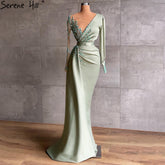 Robe de soirée sirène en satin menthe, élégante et sexy, avec perles, pour femme, LA71092, 2025