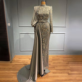 Moslim Grey Mermaid Avond Jurken 2025 Luxe Kralen Elegante Overrok Satijn For Vrouwen Party LA71543