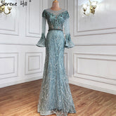 Sale Musliim Blue Mermaid Evening Dresses Gowns 2025 Elegant Beadrd Luxury For Women Party LA71128