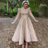 Robe de soirée mi-longue à perles style musulman, coupe trapèze, couleur chair, longueur cheville, pour femme, tenue de soirée formelle, LA72176
