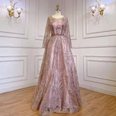 Robe de soirée de luxe rose style musulman, coupe trapèze, en dentelle et perles, pour femmes, modèle LA71794, 2025