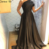Robe de soirée noire style musulman, coupe trapèze, en satin et perles, luxueuse, pour femme, modèle LA71074, 2025