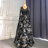 Robe de soirée noire style musulman, coupe trapèze, col en cœur, manches longues, luxueuse, perlée, pour femmes, LA71023A, 2025