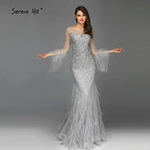 Muslim Silver Feathers Beaded Tassel Luxury Arabic Evening Dress Gown LA60912