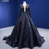 Robe de mariée musulmane noire de luxe en dentelle perlée à manches longues, robe de bal sur mesure, 2025 HM67500