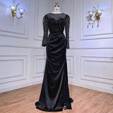 Robe de soirée sirène noire musulmane en satin perlé, luxueuse, tenue de soirée de Dubaï, 2025, pour femme, fête de mariage, LA72040