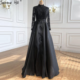 Robe de soirée de luxe en satin noir musulman, robe trapèze à perles, pour femmes, LA70919, 2025