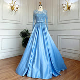 Robe de soirée longue bleue style musulman, coupe trapèze, col rond, dentelle et perles, style arabe, pour femmes, mariage, LA71984, 2025