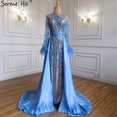 Robe de soirée sirène bleue amovible, style musulman, avec plumes et perles, luxueuse, pour femmes, LA60932A, 2025