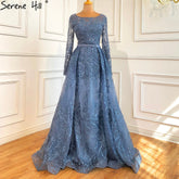 Robe de soirée de luxe musulmane bleue en dentelle et perles, col rond, style sirène, élégante, pour femmes, LA70834, 2025