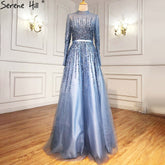 Robe de soirée trapèze de luxe bleue à perles et cristaux pour femmes musulmanes, tenue de soirée de luxe, LA70927H, 2025