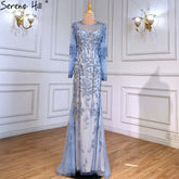 Robe de soirée sirène bleue musulmane, luxueuse et élégante, ornée de perles, pour femme, LA71479, 2025