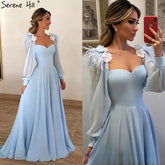 Robe de soirée musulmane bleue simple, en mousseline de soie, plumes d'autruche, coupe trapèze, pour femmes, HA2217, 2025