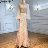 Robe de soirée de luxe style sirène, style musulman, champagne, élégante, perlée, pour femmes, fête de mariage, LA71225, 2025