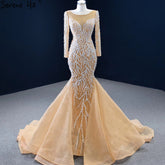 Robe de soirée sirène champagne musulmane 2025, luxueuse et élégante, avec perles, pour femmes, HM67211