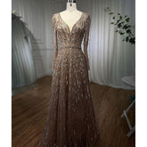 Robe de soirée de luxe style musulman, coupe trapèze, col en V, perles, couleur caramel, pour femmes, fête de mariage, 2025, LA71940