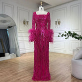 Robe de soirée longue style sirène fuchsia pour femmes musulmanes, luxueuse, avec plumes et perles, pour mariage, Dubaï, 2025, LA72565