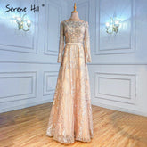 Robe de soirée musulmane dorée coupe trapèze, luxueuse, ornée de perles, pour femme, idéale pour un mariage, modèle LA70778, 2025