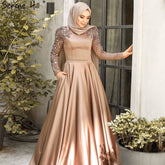 Robe de soirée musulmane de luxe dorée, avec perles, pour mariage, 2025, LA71069