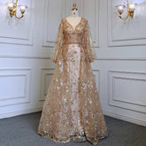 Robe de soirée sirène dorée, élégante, manches bouffantes, col en V, luxueuse, ornée de perles, pour femmes musulmanes, LA71761, 2025