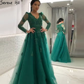 Robe de soirée trapèze verte musulmane, luxueuse, en dentelle et perles, pour femme, modèle LA71068, 2025