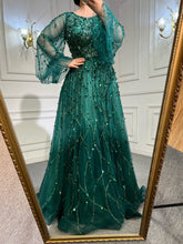 Robe de soirée de luxe verte style musulman, coupe trapèze, col rond, manches bouffantes, perles, sexy, formelle, pour femme, LA71049A, 2025
