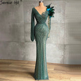 Robe de soirée élégante verte musulmane, style sirène, avec plumes et perles, pour femmes, pour mariage, LA71194, 2025
