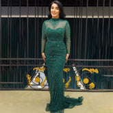 Robe de soirée élégante style sirène verte musulmane, luxueuse, en dentelle et perles, style arabe, pour femmes, pour fête de mariage, 2025, LA71913