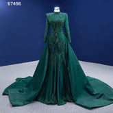 Robe de mariée sirène verte musulmane, jupe amovible en dentelle et perles, robe de mariée haut de gamme sur mesure, HM67496, 2025