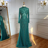 Robe de soirée sirène verte musulmane élégante à col haut et perles de luxe, tenue de soirée pour femmes, LA71776, 2025