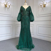 Robe de soirée sirène verte musulmane élégante, manches bouffantes, col en V, luxueuse, perlée, pour femmes, LA71744