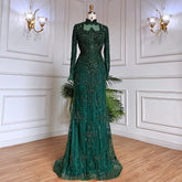 Robe de soirée sirène verte musulmane en dentelle et perles de cristal, luxueuse robe de soirée de Dubaï pour femmes, pour fête de mariage, 2025, LA71983
